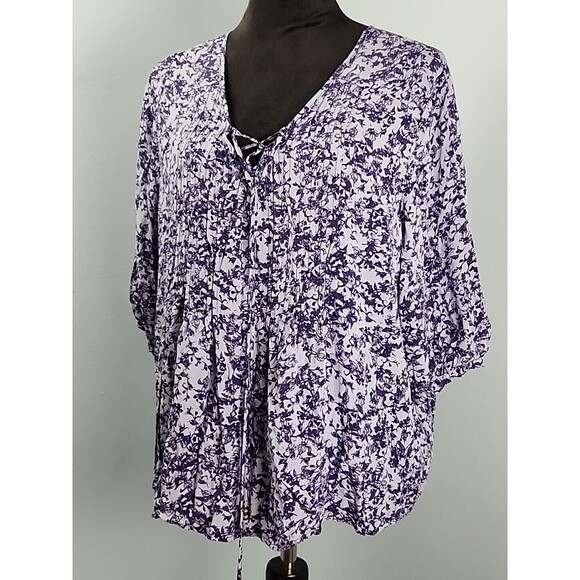 Knox Rose Size x1 Blue Floral V-Neck Ruffled Boho Top Shirt Peasant Blouse Tie - Picture 3 of 15